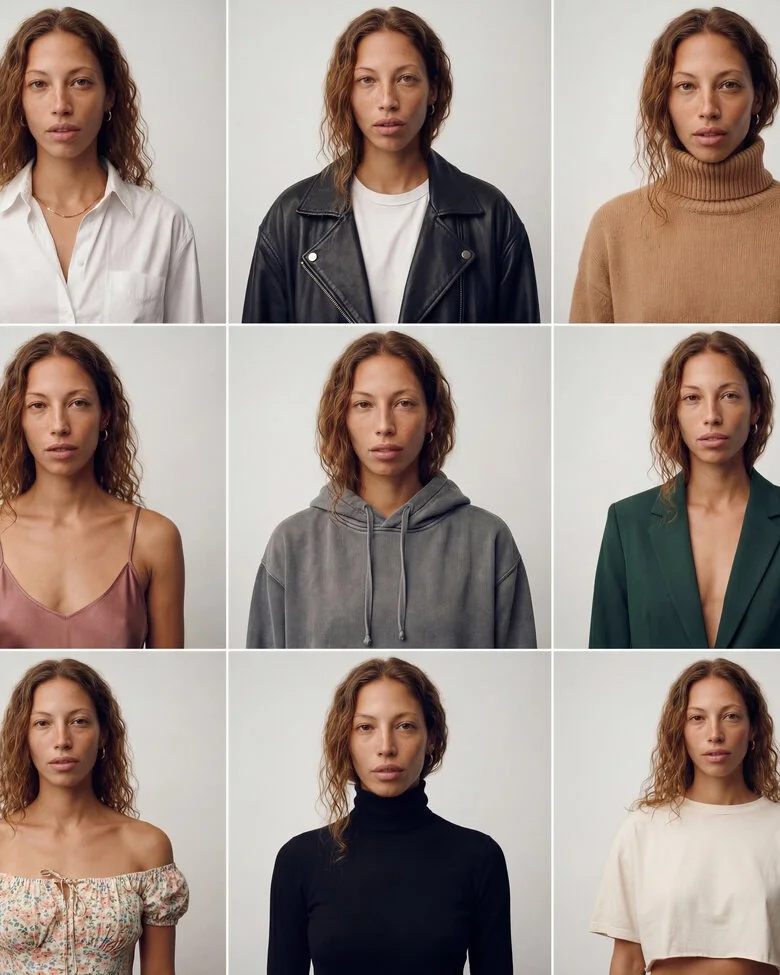 One identity: a nine-up grid of the same model across looks.