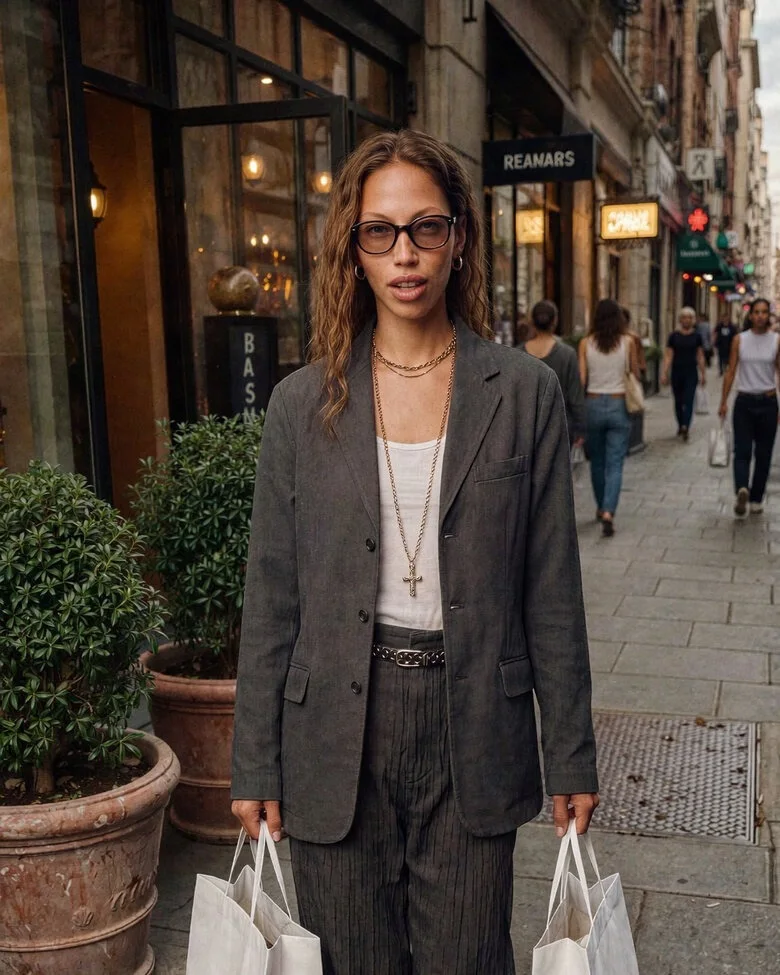 Every styling: the model in a tailored street suit.